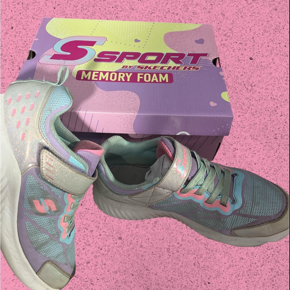 Skechers Girls S Sport Memory Foam Sneakers - Mint and Pink- Size 5